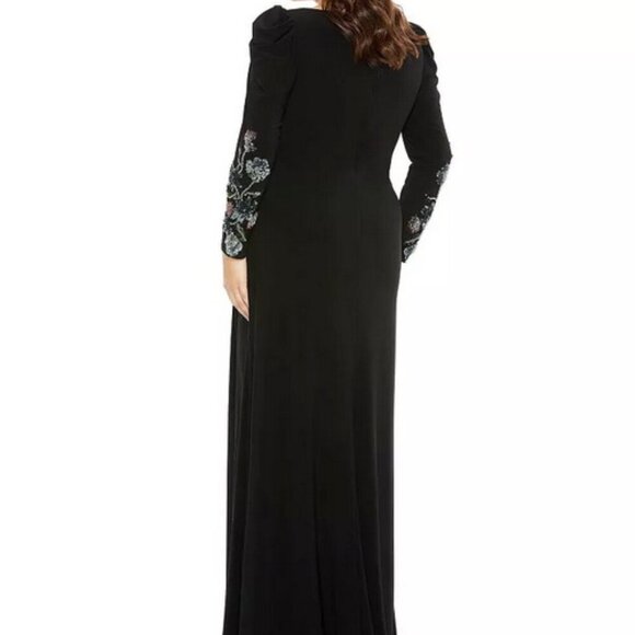 Mac Duggal Black Beaded Sequin Long Sleeve Column Gown - Picture 3 of 5
